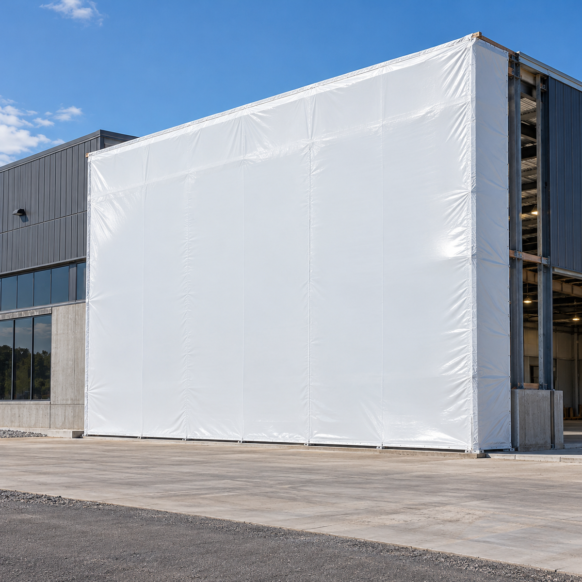 Taut white shrink-wrap temporary exterior wall enclosing a commercial building renovation.