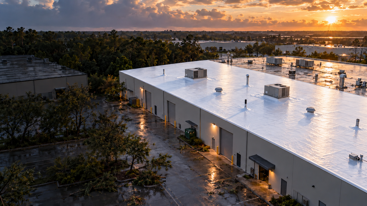Large commercial flat roof protected with white shrink wrap after storm damage