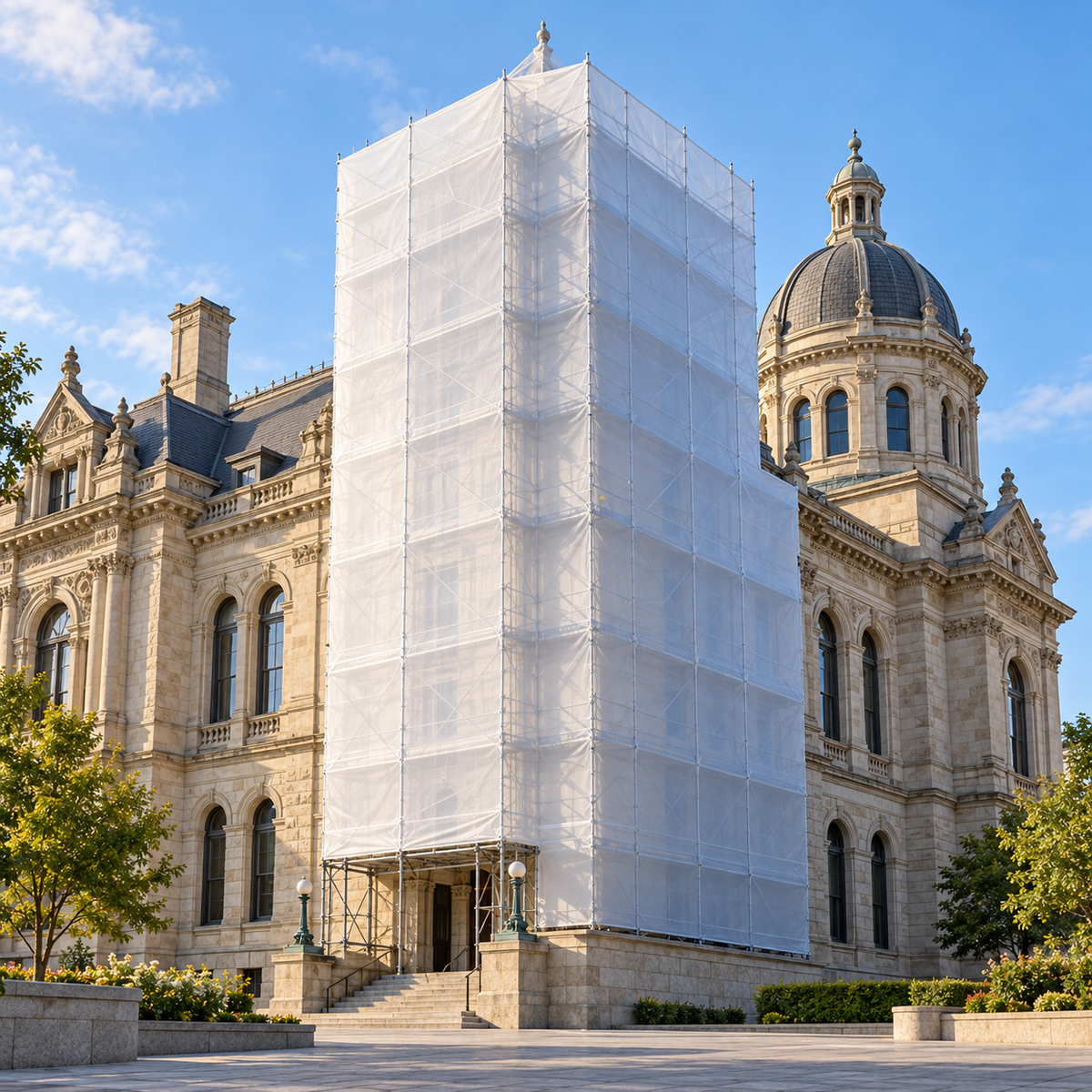 Historic stone building with a tightly fitted white shrink-wrap scaffold enclosure protecting a restoration area.