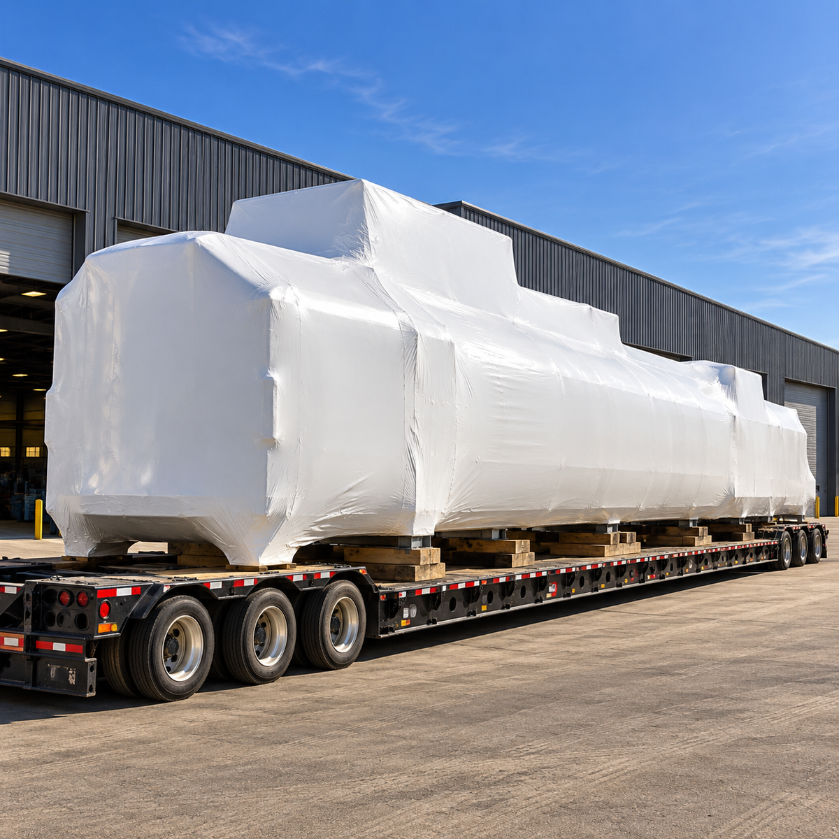 Oversized manufactured industrial cargo protected with tightly fitted white shrink wrap on a heavy transport trailer outside a manufacturing facility.