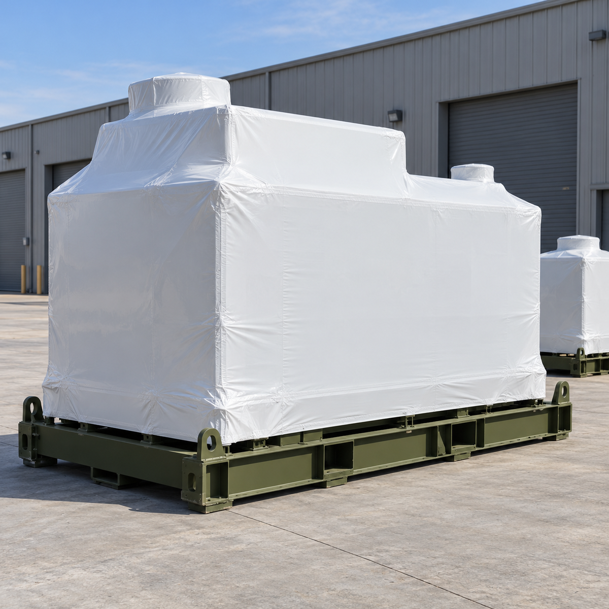 Power-generation equipment tightly protected with white shrink wrap on steel skids in an industrial depot.