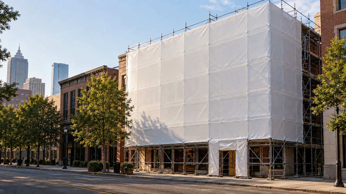 Taut white shrink-wrap enclosure around building scaffolding beside a city street.