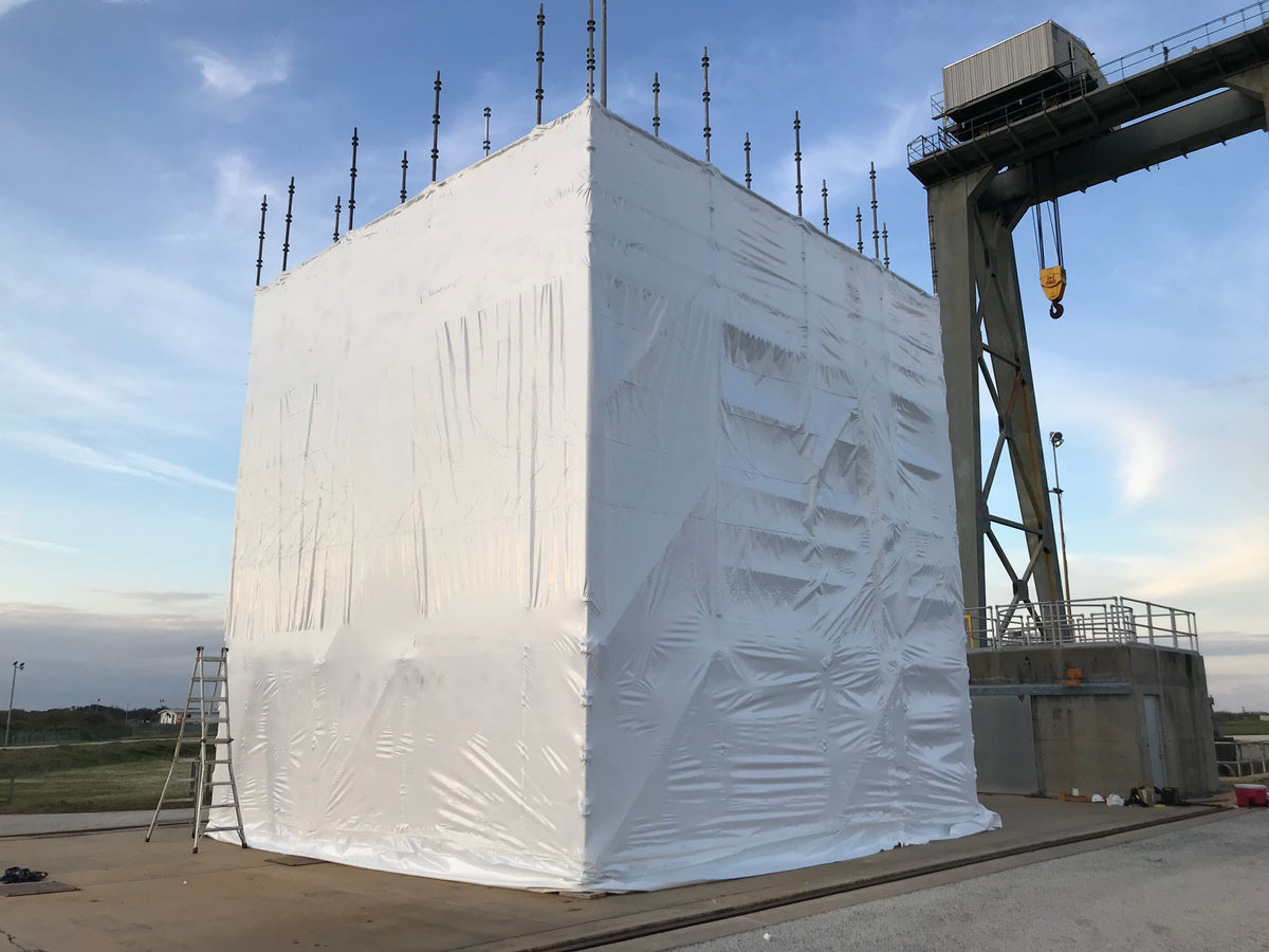 Shrink-wrapped scaffolding enclosure on a Pro Shrink Wrap project
