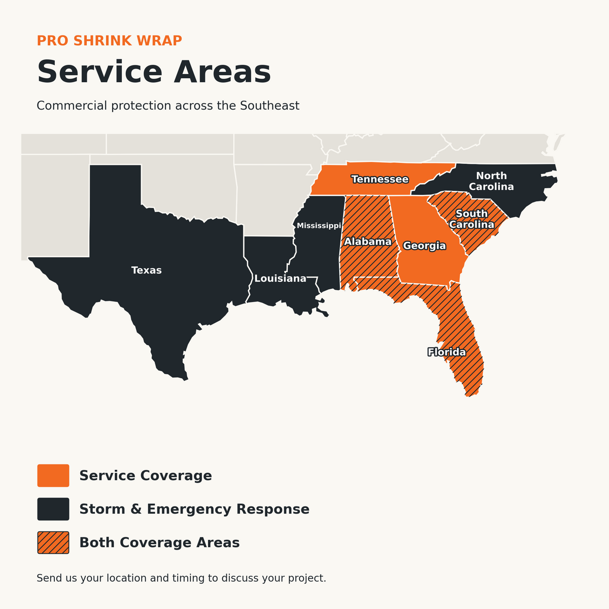 Service coverage: Georgia, Alabama, Tennessee, South Carolina and Florida. Storm response: Texas, Louisiana, Mississippi, Alabama, Florida, North Carolina and South Carolina.